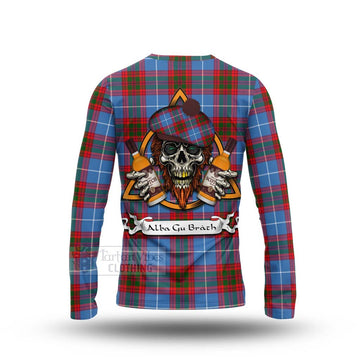 Pennycook Tartan Long Sleeve T-Shirt with Family Crest and Bearded Skull Holding Bottles of Whiskey - Tartan Vibes Clothing