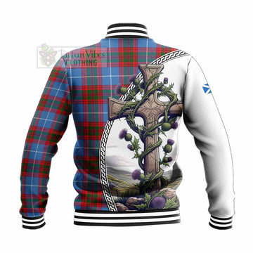 Pennycook Tartan Baseball Jacket with Family Crest and St. Andrew's Cross Accented by Thistle Vines - Tartan Vibes Clothing