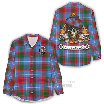 Pennycook Tartan Women's Casual Shirt with Family Crest and Bearded Skull Holding Bottles of Whiskey - Tartan Vibes Clothing
