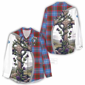 Pennycook Tartan Women's Casual Shirt with Family Crest and St. Andrew's Cross Accented by Thistle Vines - Tartan Vibes Clothing