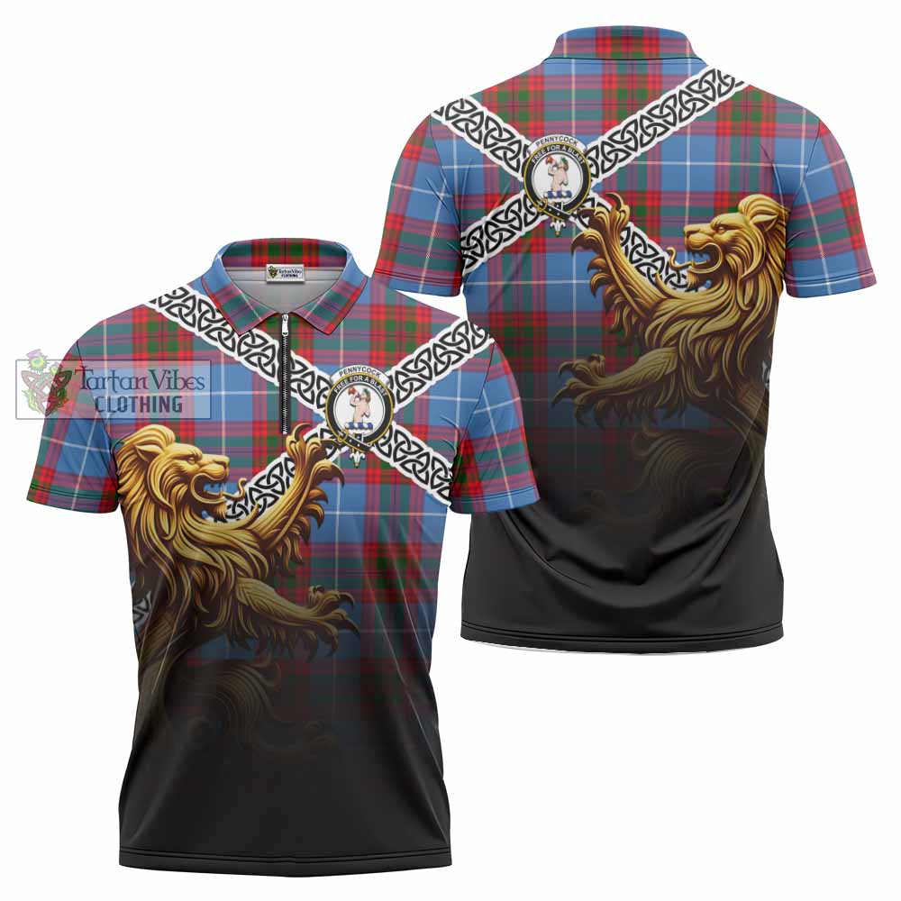 Pennycook Crest Tartan Zipper Polo Shirt with Golden Lion Emblem Celtic Style - Tartan Vibes Clothing