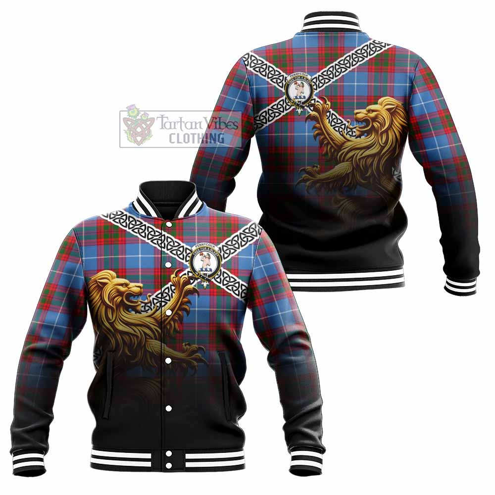 Pennycook Crest Tartan Baseball Jacket with Golden Lion Emblem Celtic Style - Tartan Vibes Clothing