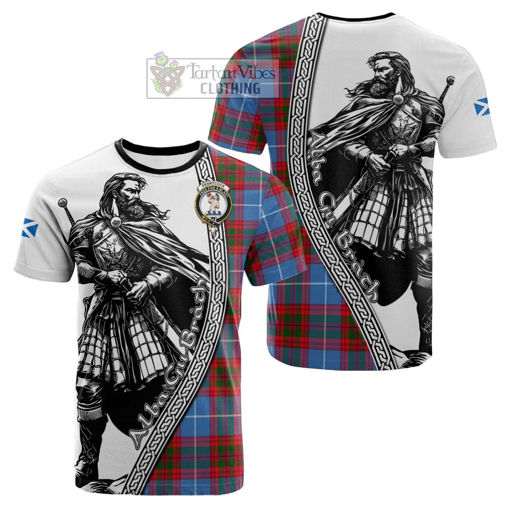 Pennycook Tartan Clan Crest Cotton T-shirt with Highlander Warrior Celtic Style
