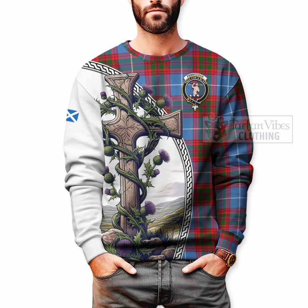 Pennycook Tartan Sweatshirt with Family Crest and St. Andrew's Cross Accented by Thistle Vines - Tartan Vibes Clothing