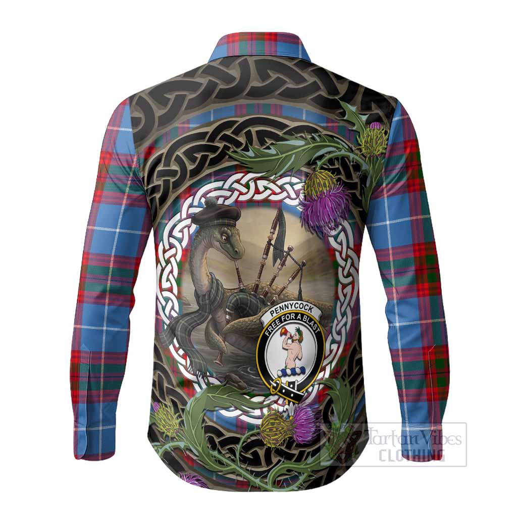 Pennycook Tartan Crest Bagpipe Nessie Long Sleeve Button Shirts Scottish Loch Ness Monster Celtic Thistle