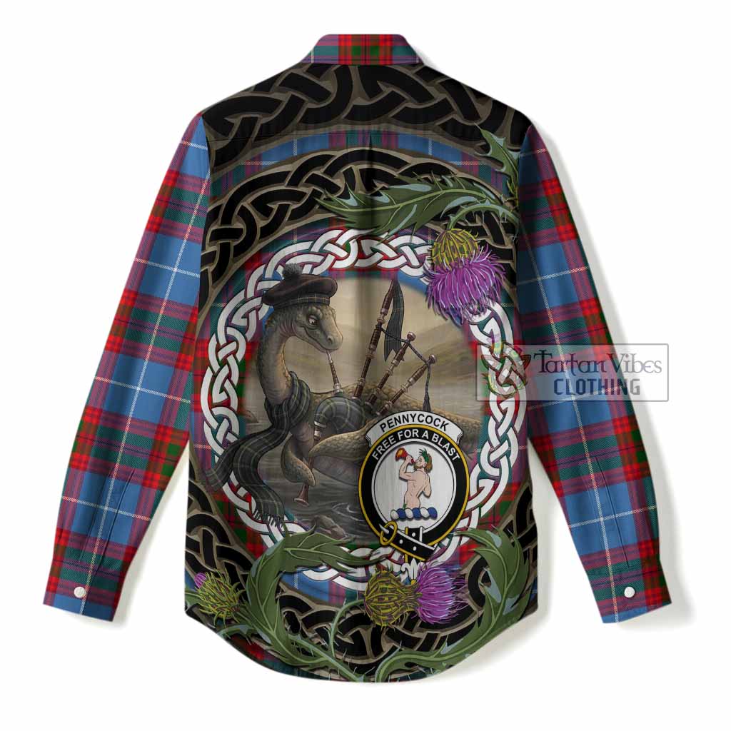 Pennycook Tartan Crest Bagpipe Nessie Women Casual Shirt Scottish Loch Ness Monster Celtic Thistle