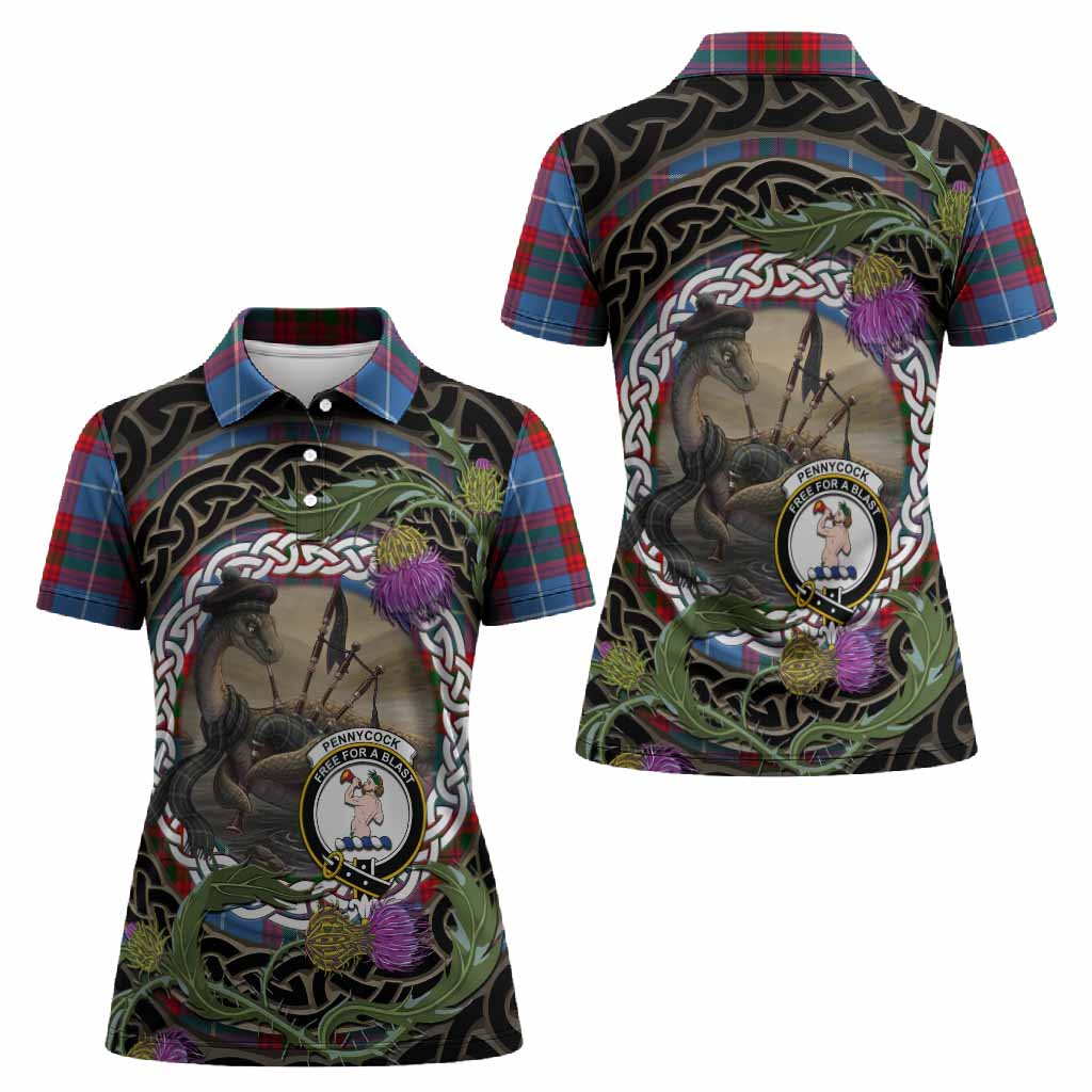 Pennycook Tartan Crest Bagpipe Nessie Women Polo Shirt Scottish Loch Ness Monster Celtic Thistle