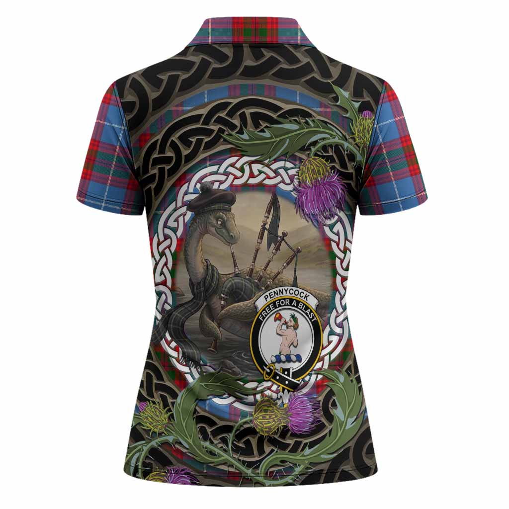 Pennycook Tartan Crest Bagpipe Nessie Women Polo Shirt Scottish Loch Ness Monster Celtic Thistle