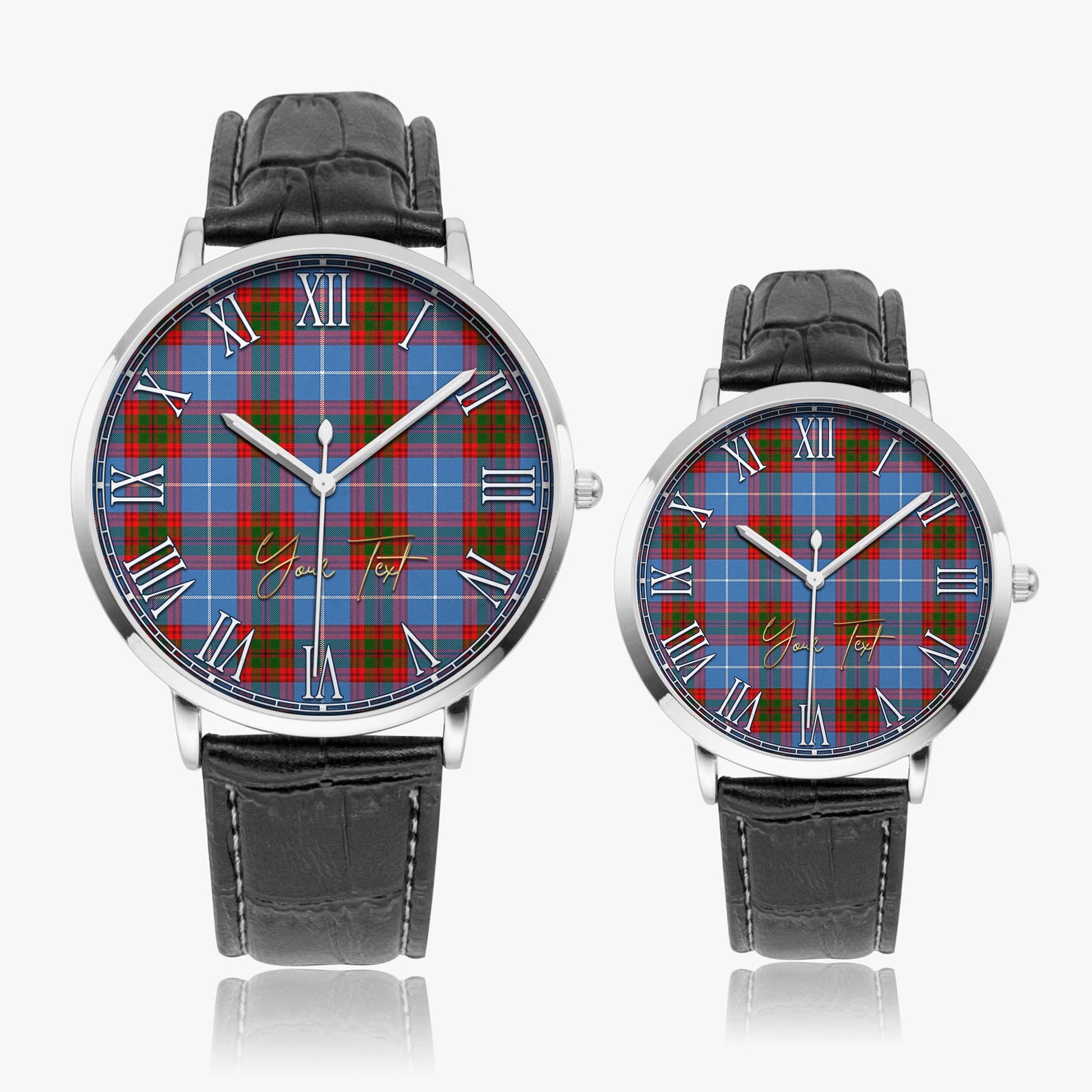 Pentland Tartan Personalized Your Text Leather Trap Quartz Watch Ultra Thin Silver Case With Black Leather Strap - Tartanvibesclothing