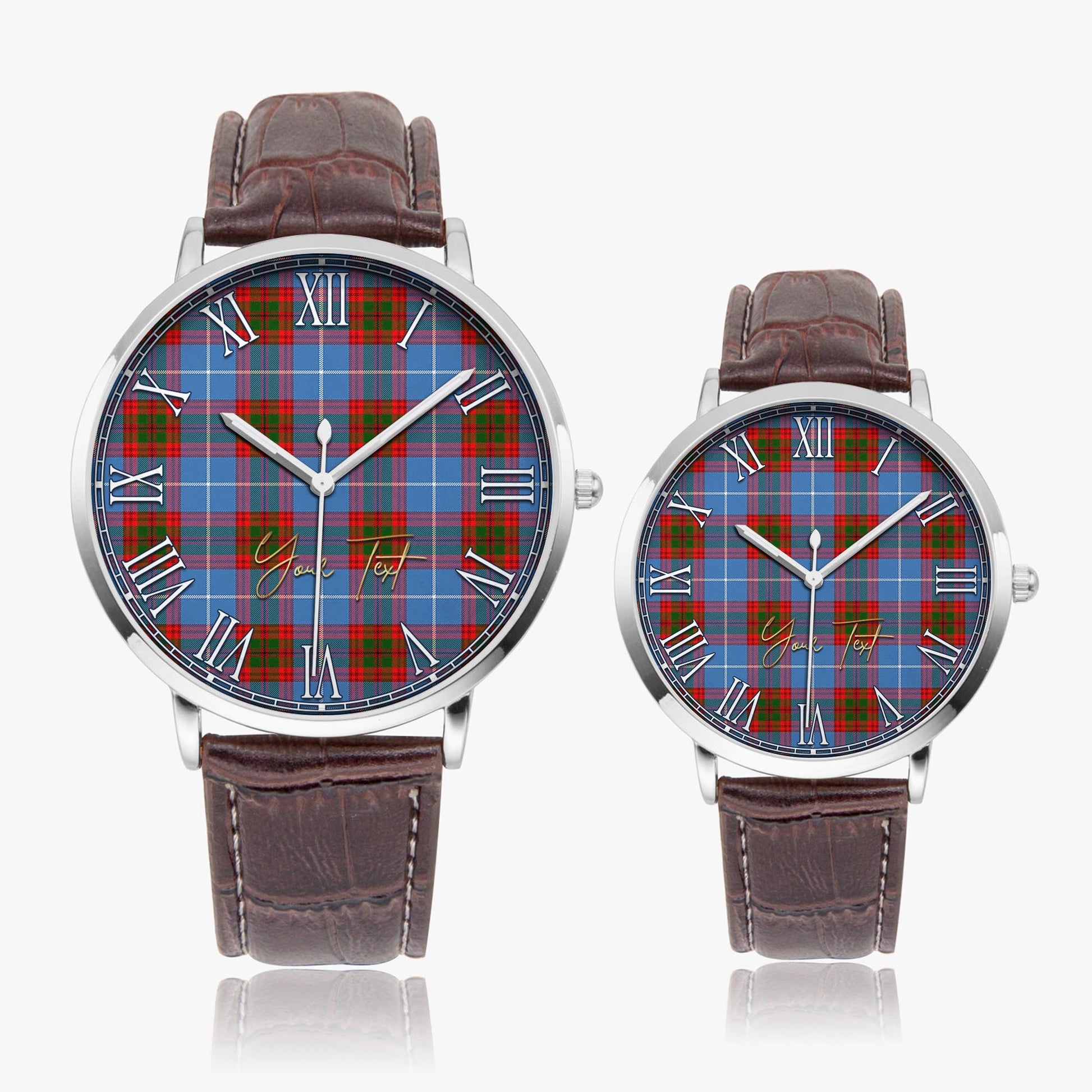 Pentland Tartan Personalized Your Text Leather Trap Quartz Watch Ultra Thin Silver Case With Brown Leather Strap - Tartanvibesclothing