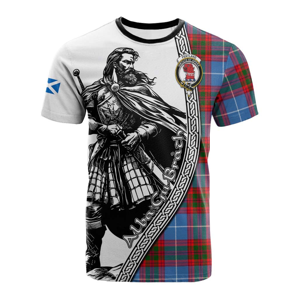 Pentland Tartan Clan Crest Cotton T-shirt with Highlander Warrior Celtic Style