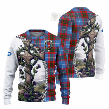 Pentland Tartan Knitted Sweater with Family Crest and St. Andrew's Cross Accented by Thistle Vines Unisex - Tartan Vibes Clothing