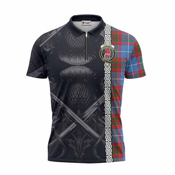 Pentland Tartan Zipper Polo Shirt with Family Crest Cross Sword Thistle Celtic Vibes Unisex - Tartan Vibes Clothing