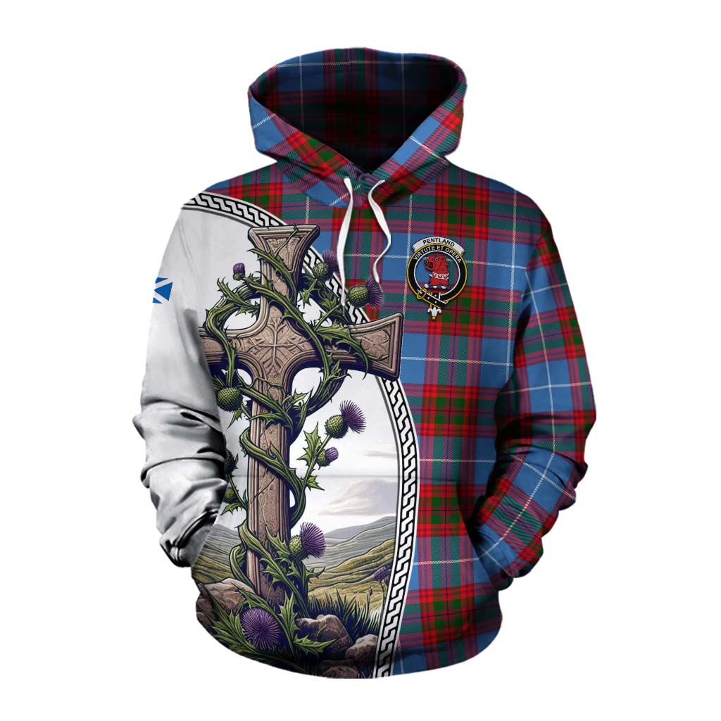 Tartan Vibes Clothing Pentland Tartan Cotton Hoodie with Family Crest and St. Andrew's Cross Accented by Thistle Vines