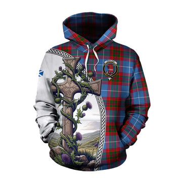 Tartan Vibes Clothing Pentland Tartan Cotton Hoodie with Family Crest and St. Andrew's Cross Accented by Thistle Vines