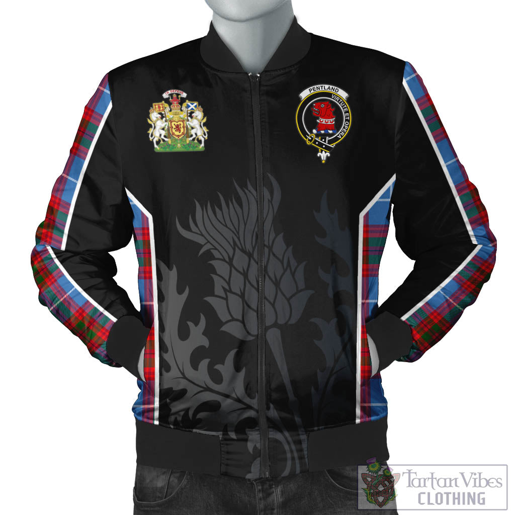 Pentland Tartan Bomber Jacket with Family Crest and Scottish Thistle Vibes Sport Style Unisex Black - Tartan Vibes Clothing