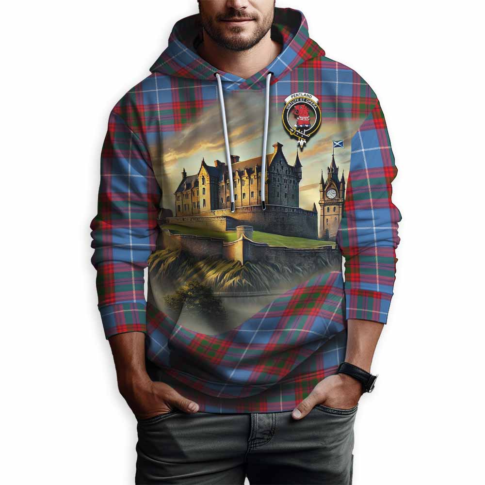Pentland Tartan Family Crest Hoodie with Scottish Ancient Castle Style Pullover Hoodie - Tartan Vibes Clothing