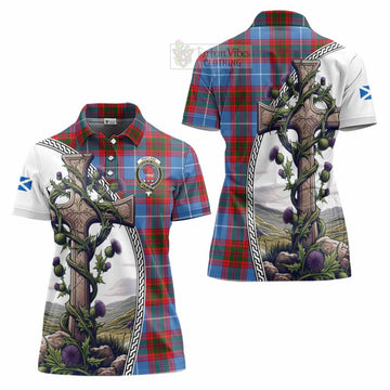 Pentland Tartan Women's Polo Shirt with Family Crest and St. Andrew's Cross Accented by Thistle Vines Women - Tartan Vibes Clothing