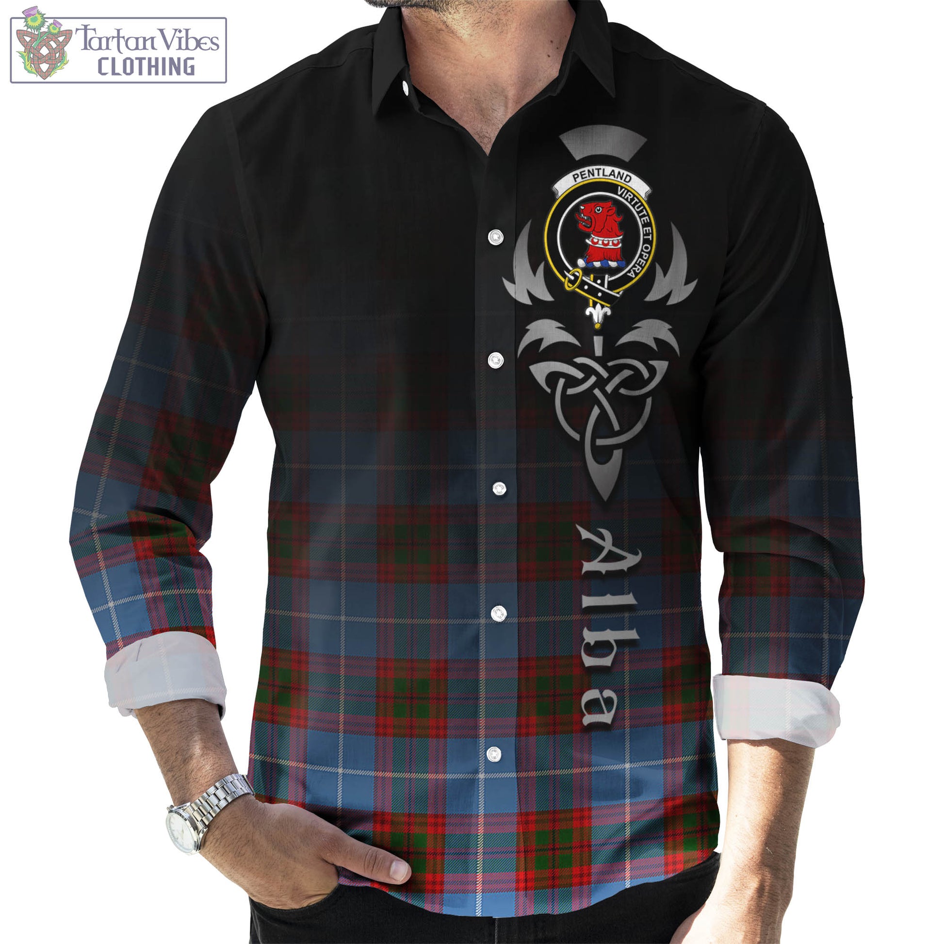Pentland Tartan Long Sleeve Button Up Featuring Alba Gu Brath Family Crest Celtic Inspired Men's Shirt - Tartan Vibes Clothing