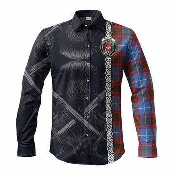 Tartan Vibes Clothing Pentland Tartan Long Sleeve Button Shirt with Family Crest Cross Sword Thistle Celtic Vibes