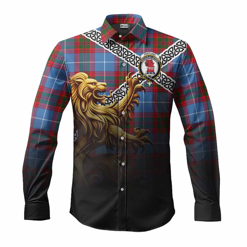 Pentland Crest Tartan Long Sleeve Button Shirt with Golden Lion Emblem Celtic Style Men's Shirt S - Tartan Vibes Clothing