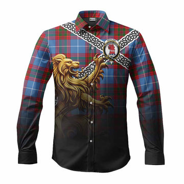 Pentland Crest Tartan Long Sleeve Button Shirt with Golden Lion Emblem Celtic Style Men's Shirt S - Tartan Vibes Clothing