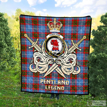 Pentland Tartan Quilt with Clan Crest and the Golden Sword of Courageous Legacy Super King Quilt 91" x 110" - Tartan Vibes Clothing