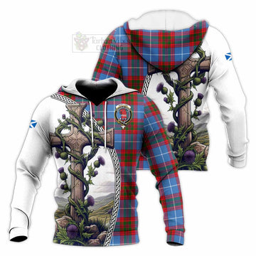 Pentland Tartan Knitted Hoodie with Family Crest and St. Andrew's Cross Accented by Thistle Vines Unisex Knitted Pullover Hoodie - Tartan Vibes Clothing