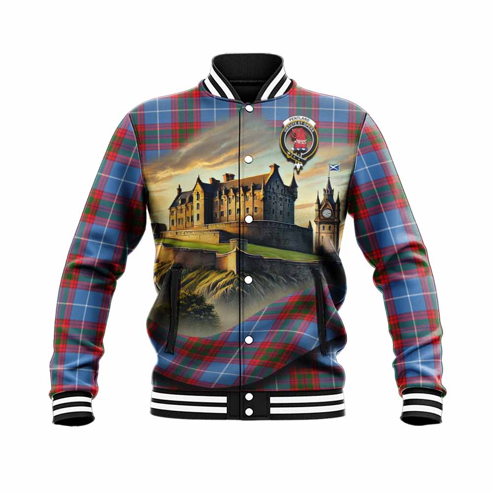 Pentland Tartan Family Crest Baseball Jacket with Scottish Ancient Castle Style Unisex - Tartan Vibes Clothing
