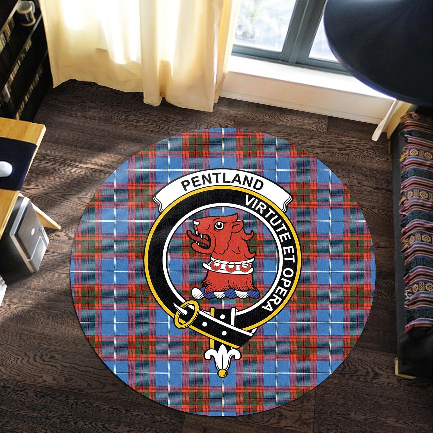 Pentland Tartan Round Rug with Family Crest Premium Round Rug - Tartan Vibes Clothing