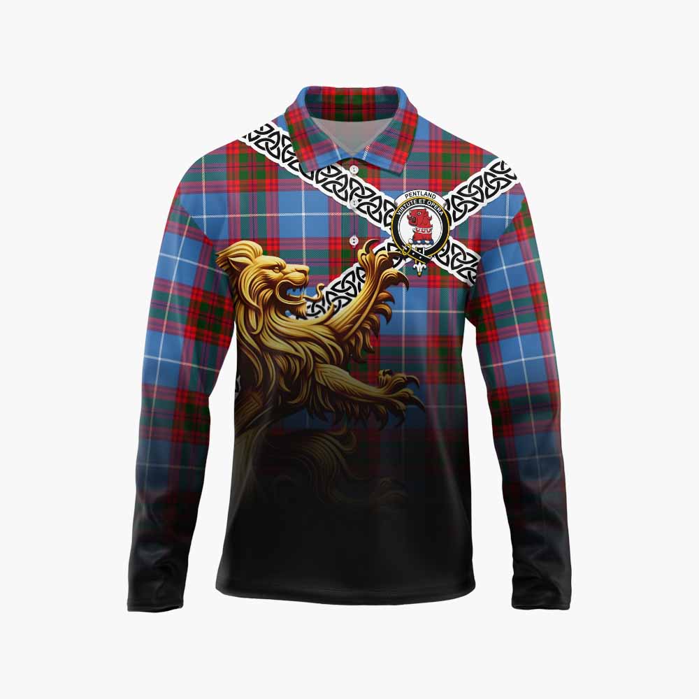 Pentland Crest Tartan Long Sleeve Polo Shirt with Golden Lion Emblem Celtic Style Unisex - Tartan Vibes Clothing