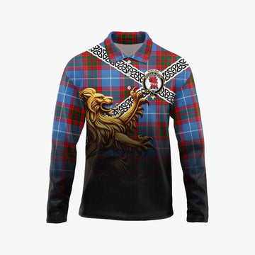 Pentland Crest Tartan Long Sleeve Polo Shirt with Golden Lion Emblem Celtic Style Unisex - Tartan Vibes Clothing