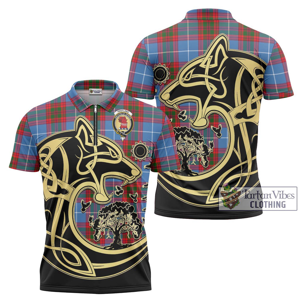 Pentland Tartan Zipper Polo Shirt with Family Crest Celtic Wolf Style Unisex - Tartan Vibes Clothing