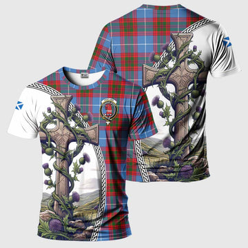 Tartan Vibes Clothing Pentland Agnew Tartan T-Shirt with Family Crest and St. Andrew's Cross Accented by Thistle Vines