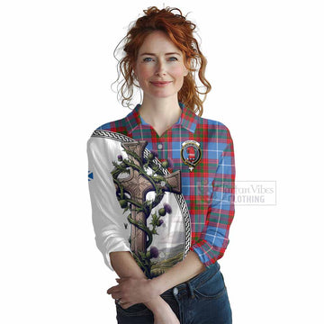Pentland Tartan Women's Casual Shirt with Family Crest and St. Andrew's Cross Accented by Thistle Vines Female - Tartan Vibes Clothing