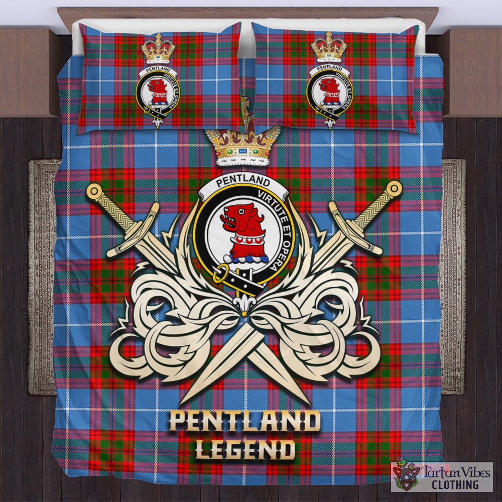 Tartan Vibes Clothing Pentland Tartan Bedding Set with Clan Crest and the Golden Sword of Courageous Legacy