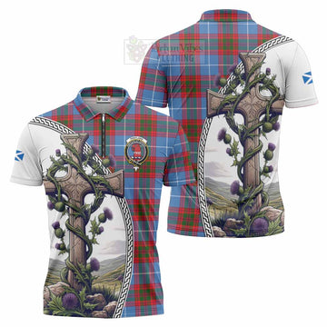 Pentland Tartan Zipper Polo Shirt with Family Crest and St. Andrew's Cross Accented by Thistle Vines Unisex - Tartan Vibes Clothing