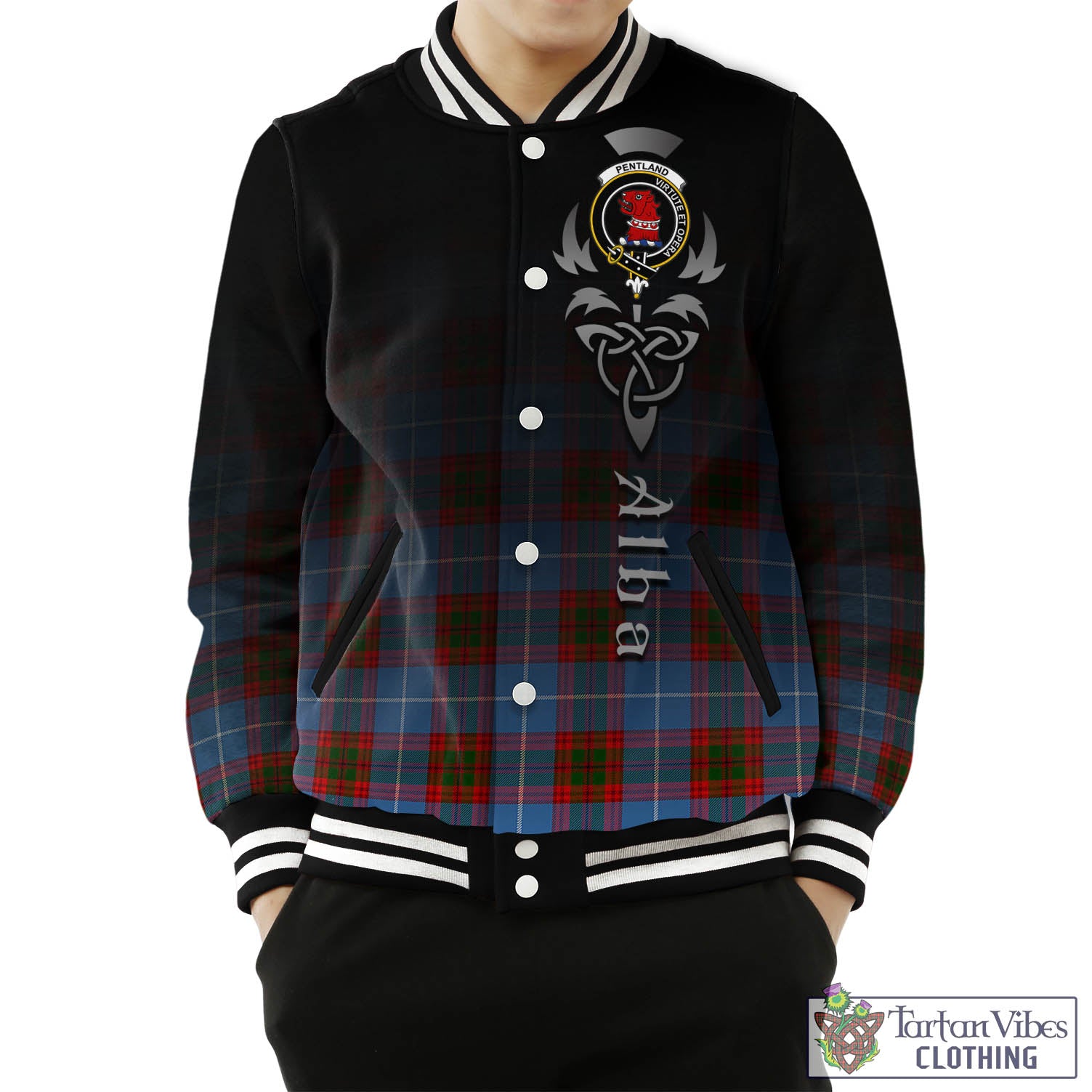 Pentland Tartan Baseball Jacket Featuring Alba Gu Brath Family Crest Celtic Inspired Unisex - Tartan Vibes Clothing