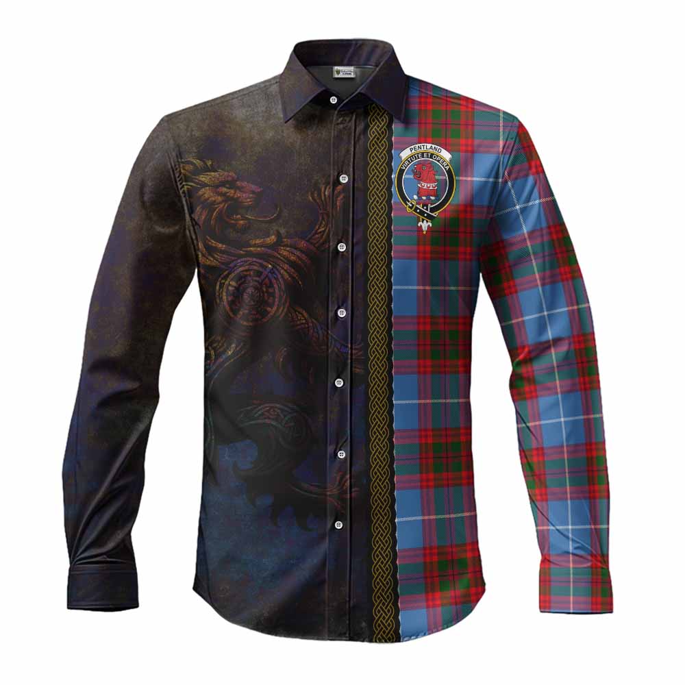 Pentland Tartan Family Crest Long Sleeve Button Shirt Alba Gu Brath Be Brave Lion Ancient Style Men's Shirt S - Tartan Vibes Clothing