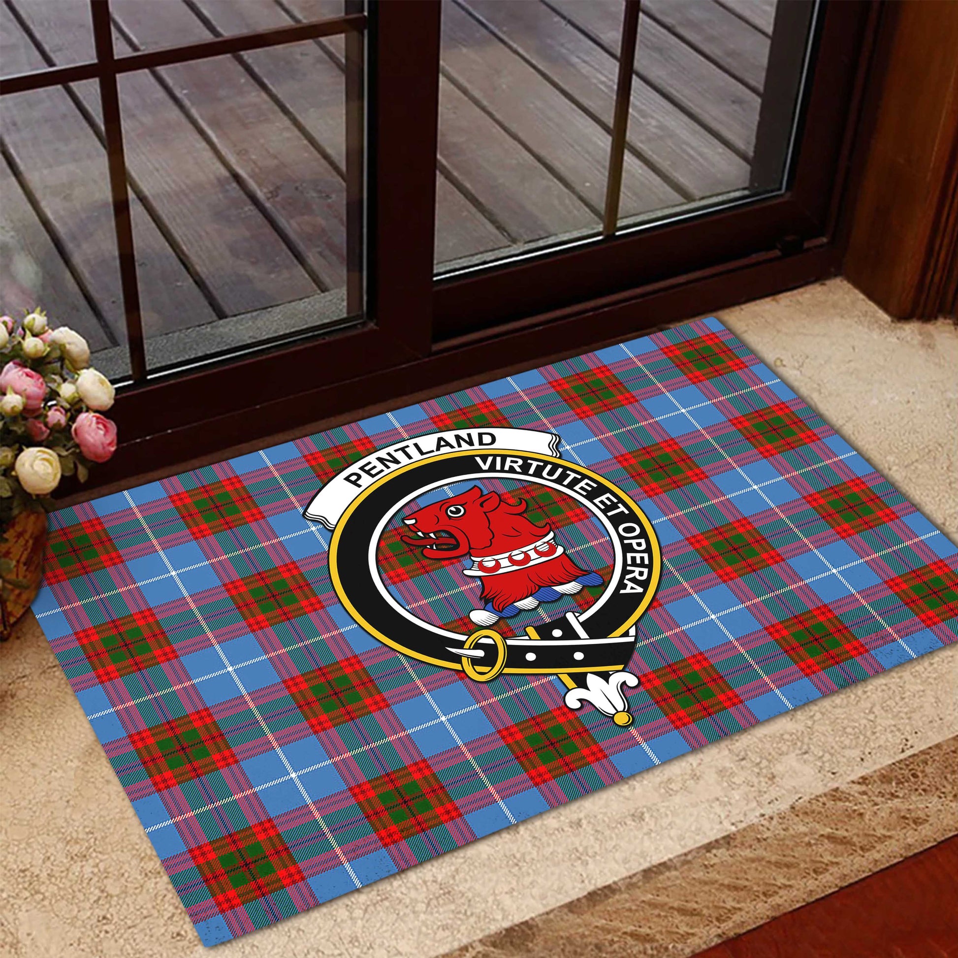 Pentland Tartan Door Mat with Family Crest - Tartanvibesclothing