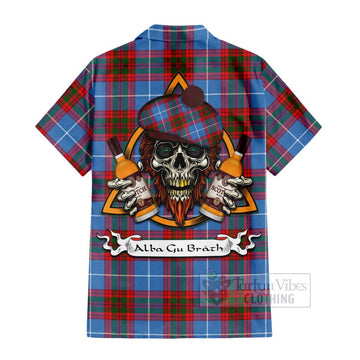 Pentland Tartan Hawaiian Shirt with Family Crest and Bearded Skull Holding Bottles of Whiskey - Tartan Vibes Clothing