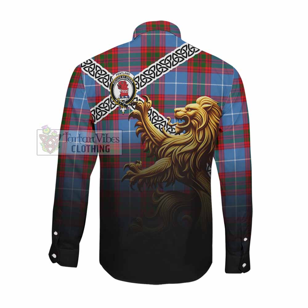 Pentland Crest Tartan Long Sleeve Button Shirt with Golden Lion Emblem Celtic Style Men's Shirt - Tartan Vibes Clothing