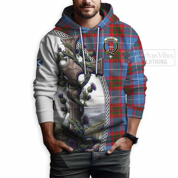 Pentland Tartan Hoodie with Family Crest and St. Andrew's Cross Accented by Thistle Vines - Tartan Vibes Clothing