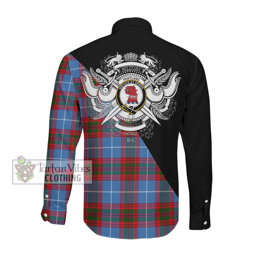 Pentland Tartan Long Sleeve Button Shirt with Family Crest and Military Logo Style Men's Shirt - Tartanvibesclothing Shop