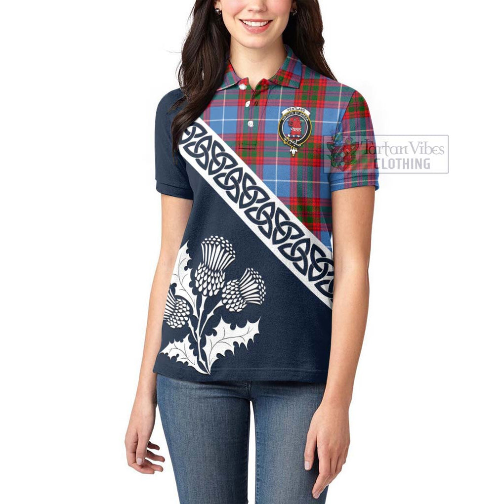 Pentland Tartan Women's Polo Shirt Featuring Thistle and Scotland Map - Tartanvibesclothing Store