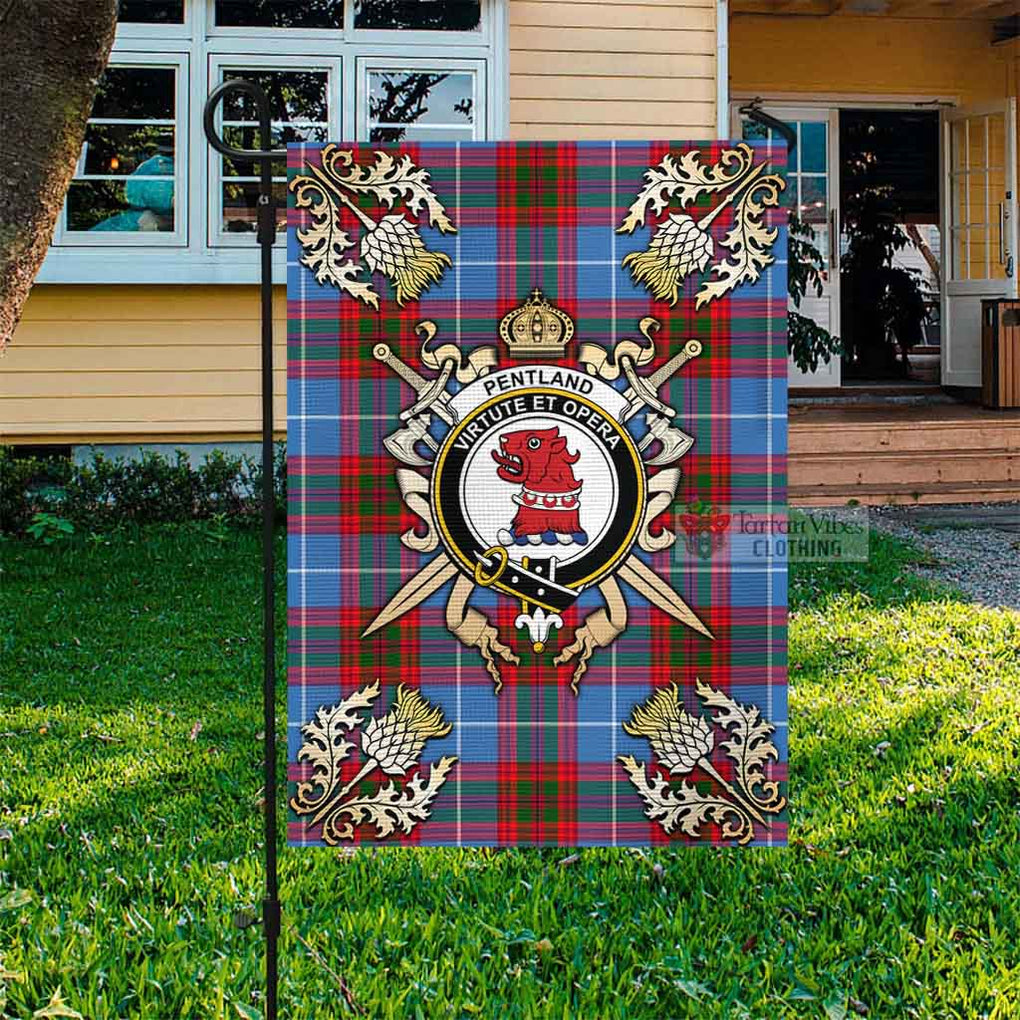 Tartan Vibes Clothing Pentland Tartan Flag with Family Crest and Golden Thistle Crossed Sword Design