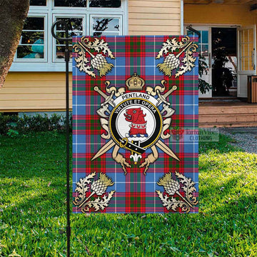 Pentland Tartan Garden Flag with Family Crest and Golden Thistle Crossed Sword Design
