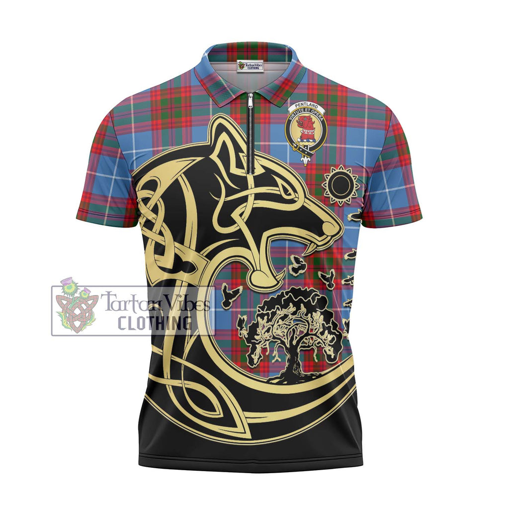 Pentland Tartan Zipper Polo Shirt with Family Crest Celtic Wolf Style - Tartan Vibes Clothing