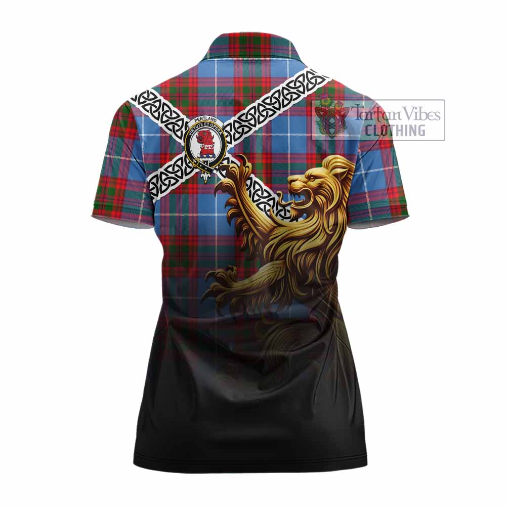 Pentland Crest Tartan Women's Polo Shirt with Golden Lion Emblem Celtic Style - Tartan Vibes Clothing