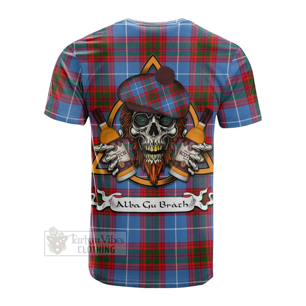 Tartan Vibes Clothing Pentland Tartan Cotton T-shirt with Family Crest and Bearded Skull Holding Bottles of Whiskey